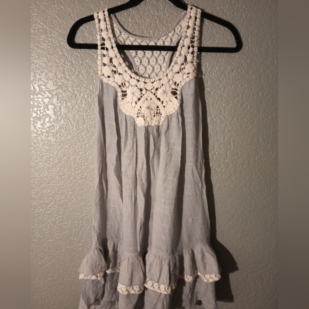 Women's Gray w/White Crochet Detailing Ruffle Hemline Racerback Mini Dress